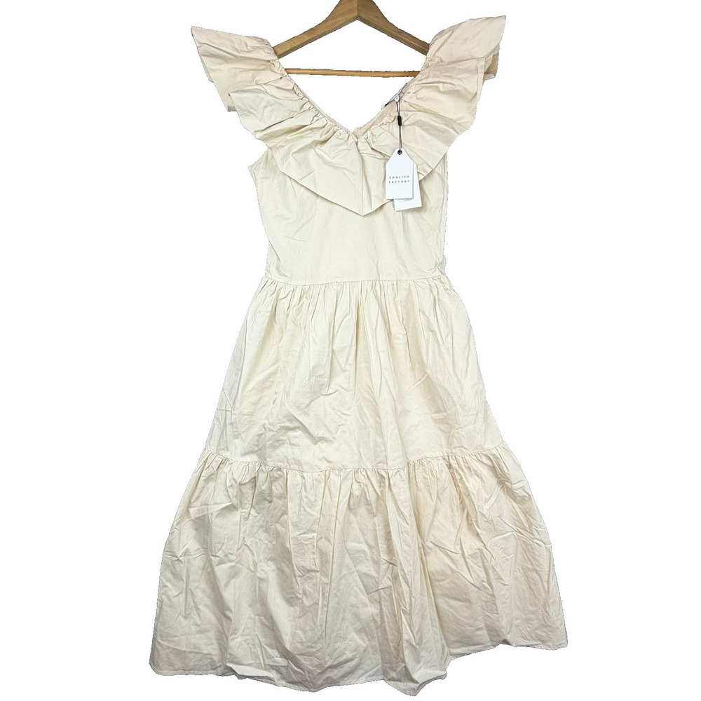English Factory Midi Dress Women S Beige Ruffled Neck Sleeveless Peasant Cottage